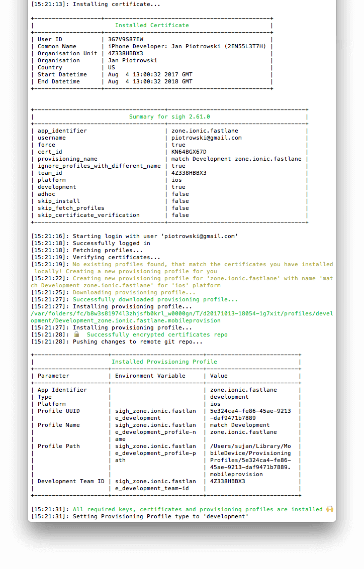 `fastlane match` output