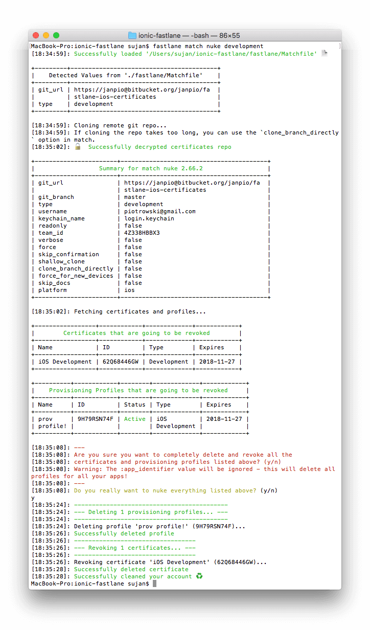 `fastlane match nuke development` output